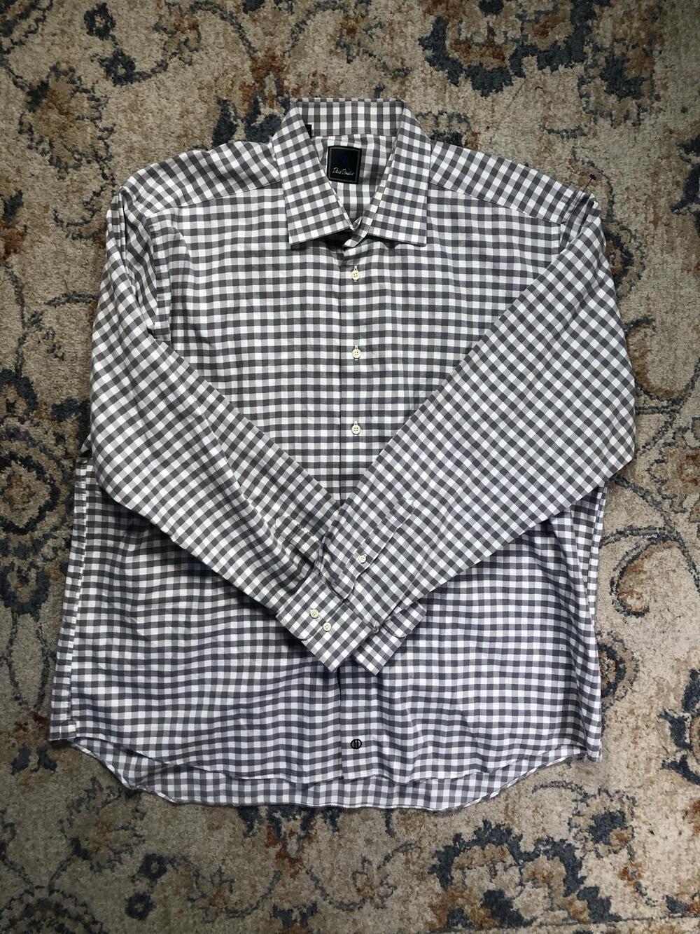 David Donahue Dress Shirt Mens 18.5 36/37 Gray Gingham Long Sleeve Classic Fit